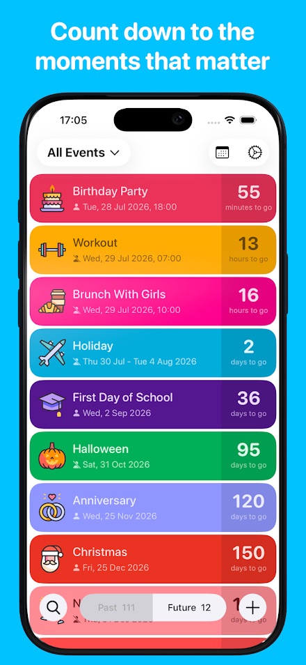 A list of colour-coded countdowns: a birthday in 55 minutes, a workout in 13 hours, a holiday in 2 days, Halloween in 95 days and Christmas in 150 days.