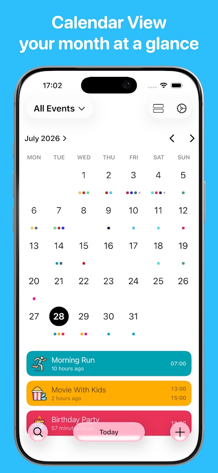 The calendar view: a month grid for July 2026 with coloured dots under the days that have events, and the next events listed underneath.