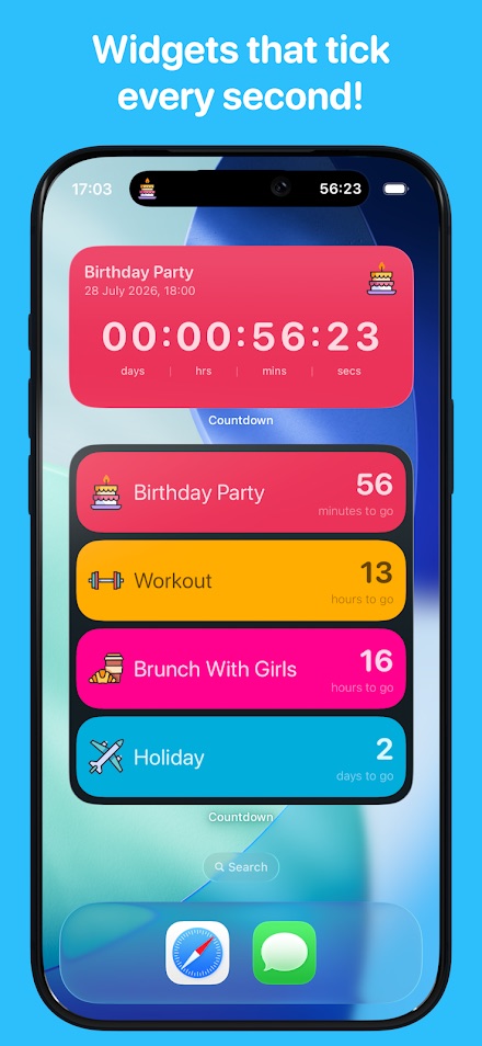 A home screen with a large widget counting down in days, hours, minutes and seconds, and a second widget listing four upcoming events.