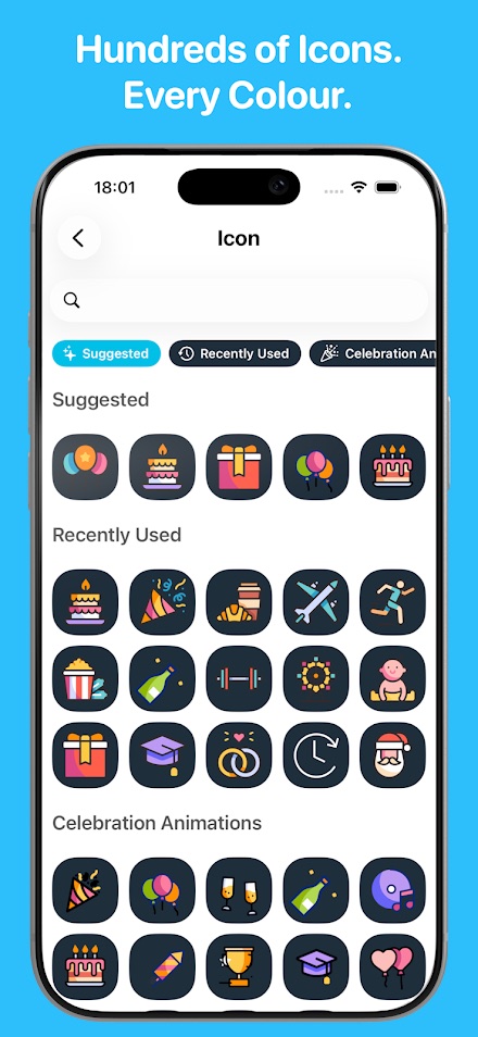 The icon picker, showing suggested, recently used and celebration icons in a grid.